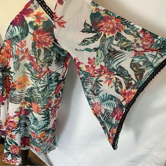 BCBGeneration Women's Sheer Tropical Swim Beach Cover Up Tassel Tie Bell Sleeve - Picture 5 of 9